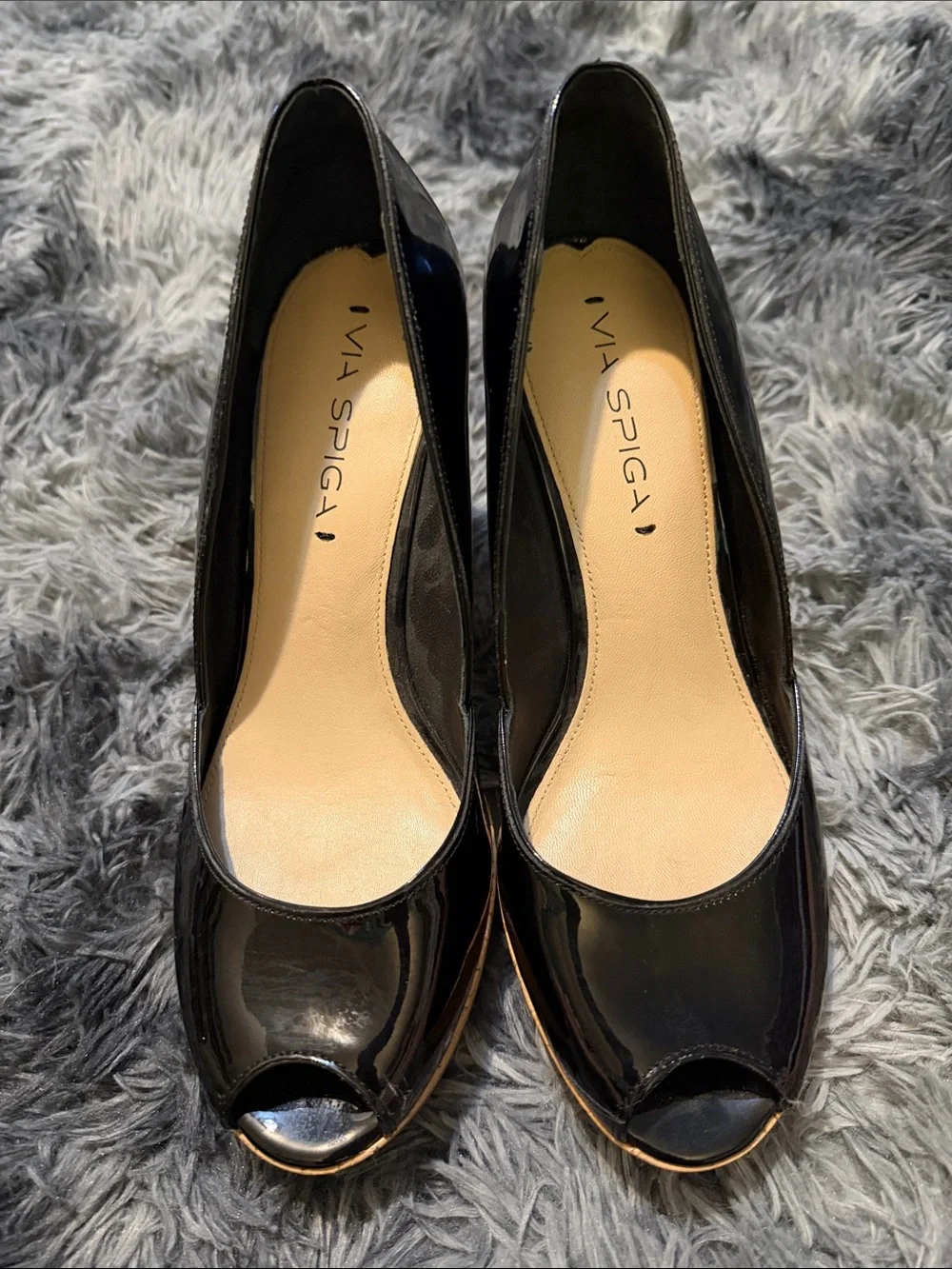 Via Spiga Black Patent Cork Wedge Pumps